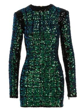 Balmain Green and Black Embellished Crocodile-Effect Long Sleeve Mini Dress